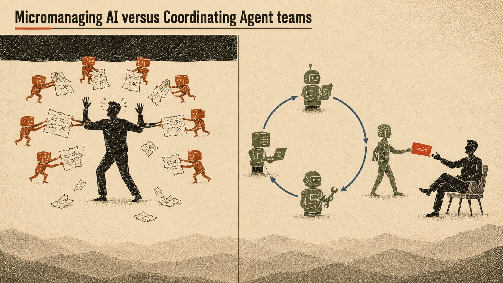 Micromanaging AI versus coordinating agent teams: on the left, an overwhelmed person swarmed by robot interns waving crumpled task papers; on the right, a loop of agents working together and handing a finished deliverable to a person seated calmly.